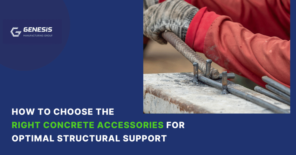 Worker adjusting steel rebar accessories used for concrete structural support.