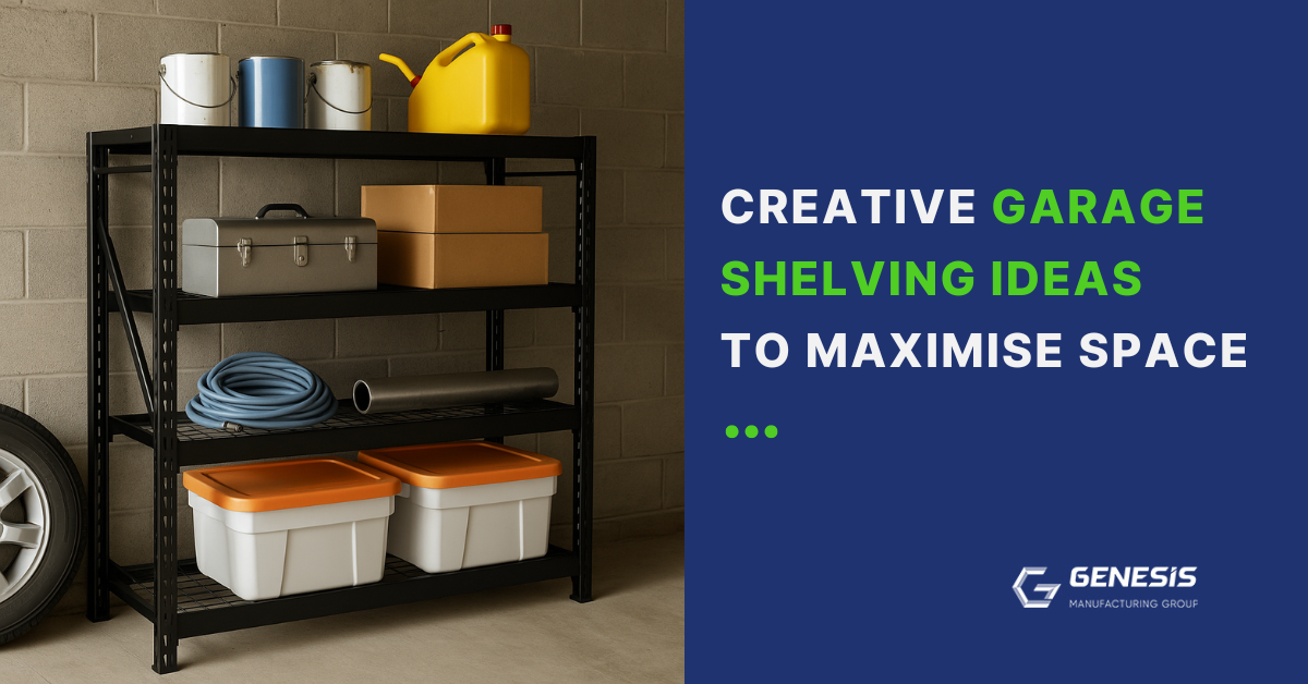 Metal garage shelves and wall-mounted storage systems for maximizing space.
