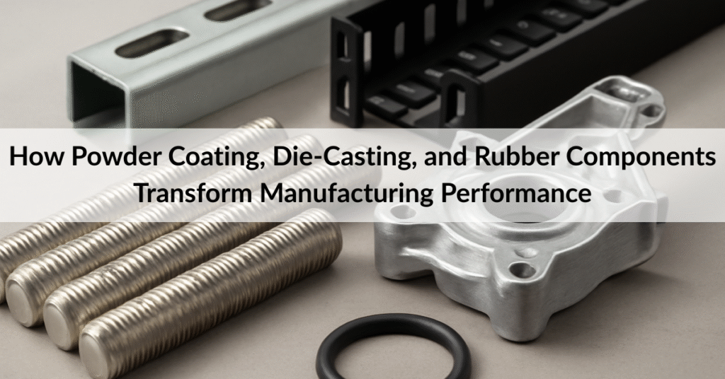 industrial components: stainless steel anchor bolts, die-cast metal parts.