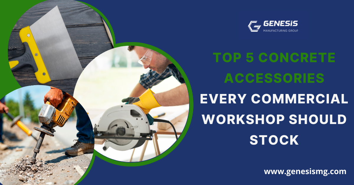 Tools for concrete work, including a trowel, breaker, and saw, representing the top 5 concrete accessories