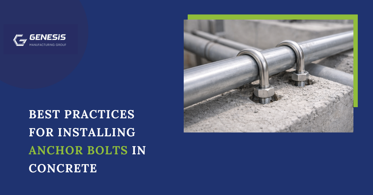 U-shaped anchor bolts fixing steel pipes to a concrete base in an industrial setting.