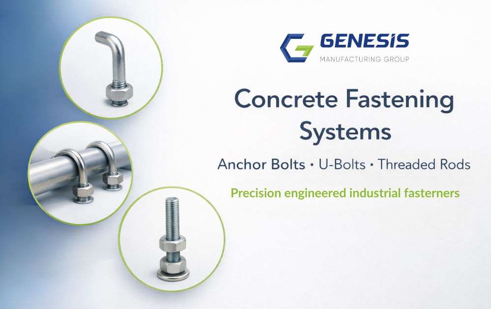 Concrete accessories showcasing anchor bolts, U-bolts, and threaded rods used in structural concrete fastening systems.