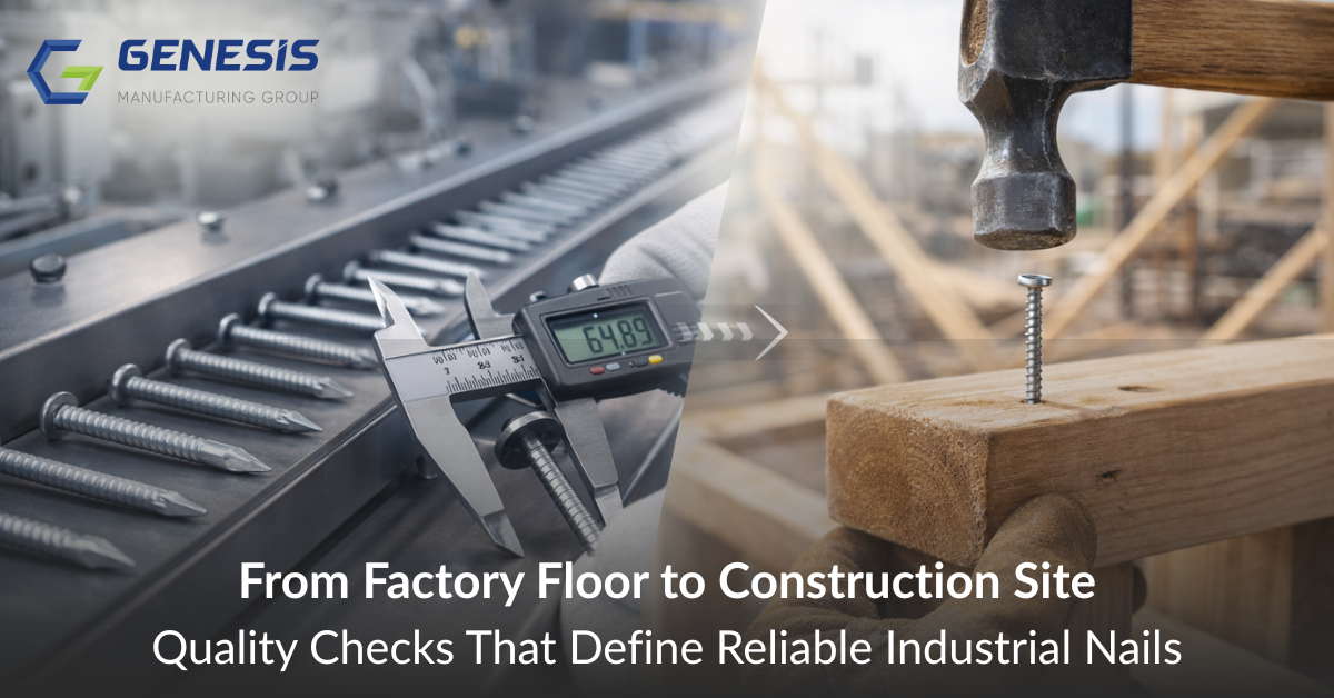 Industrial nails inspected in a manufacturing facility and used on a construction site, highlighting quality control and performance.
